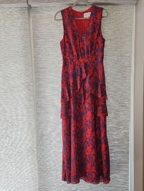 Charles Henry Red Maxi Dress with Purple Floral Print